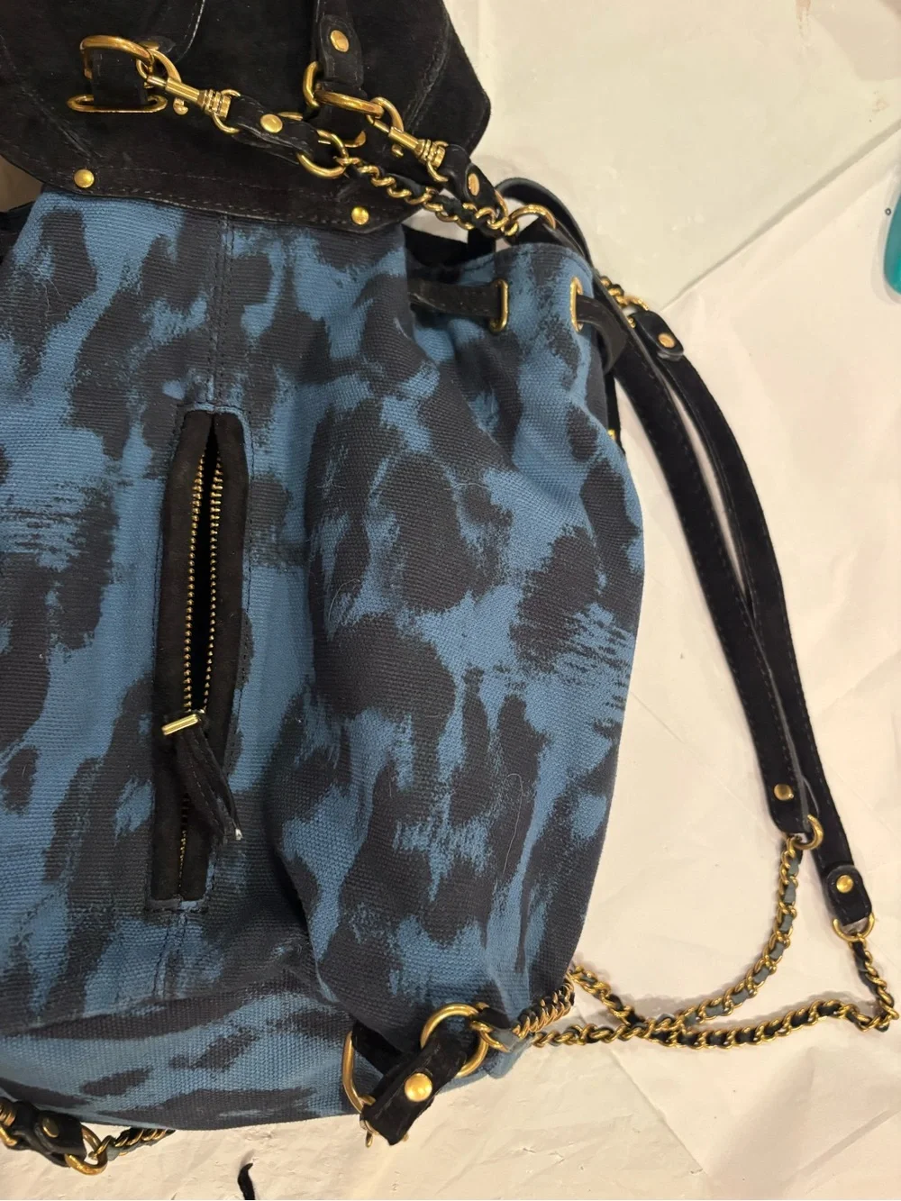 Jerome Dreyfuss Black Suede and Blue Leopard-Print Backpack with Gold accents